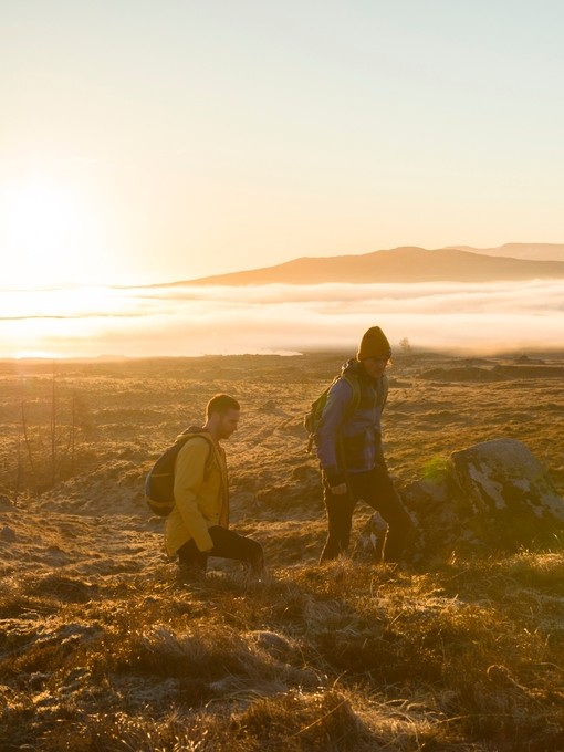 Two men hiking in highlands at sunset. Streaming sunlight