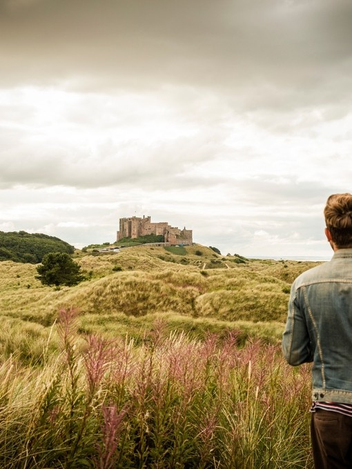 Rear view of man standing in a landscape looking at a castle