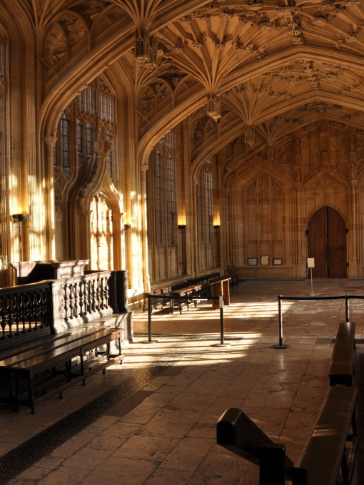An old hall with grand ornate walls in the Divinity School, part of Oxford's Bodleian Library