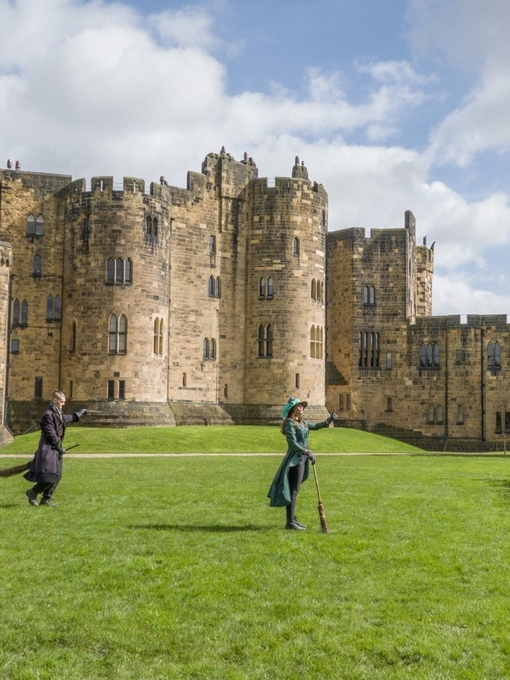 A group of people lined up for a Broomstick Training lesson with the wizarding professors by a large castle.