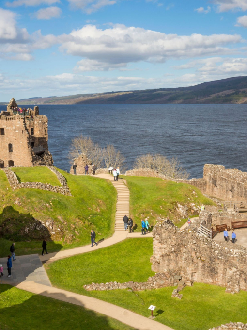 A view from above Urquhart Castle on the banks of Loch Ness in Scotland.