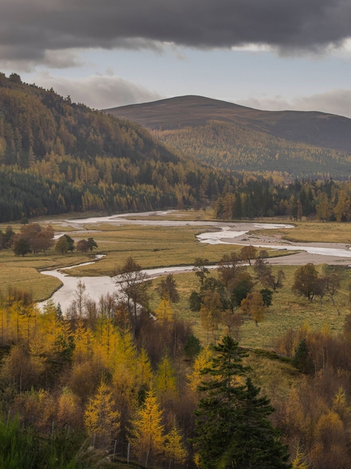 Landscape shot of a countryside view with a mountain backdrop and a stream running through the centre.