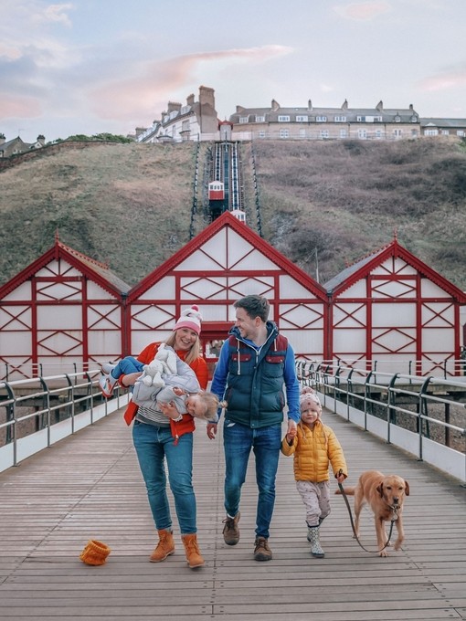 Family enjoying a winter walk at Saltburn Cliff Tramway