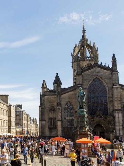 People walking on the Royal Mile on a sunny day