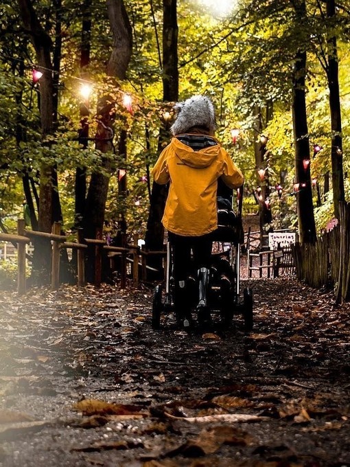 Eine Person im Regenmantel, die einen Kinderwagen auf einem Waldweg schiebt
