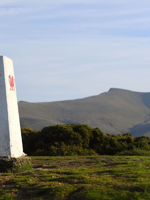 Marcador con un dragón galés en Mynydd Illtyd Common, Brecon Beacons, Gales