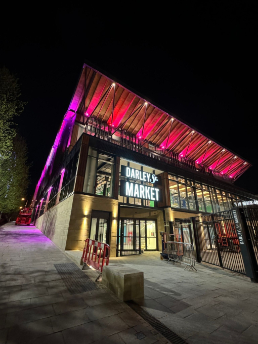 Exterior of Darley Street Market at night