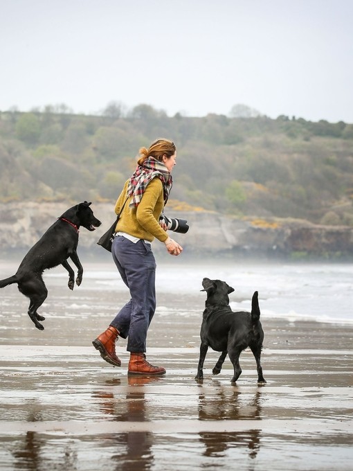 Woman playing with her dogs on beach beside the sea