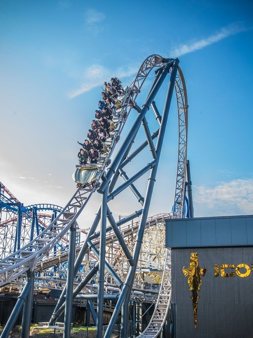 People riding Icon rollercoaster at Blackpool Pleasure Beach.