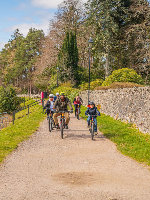 A family with three boys cycles along a canal towpath.