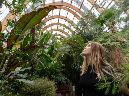 A woman walking past plants in a large temperate glasshouse