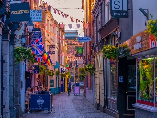 A view down a shopping street in Exeter's Castle Quarter