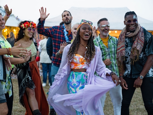 A group of friends having fun at a festival.
