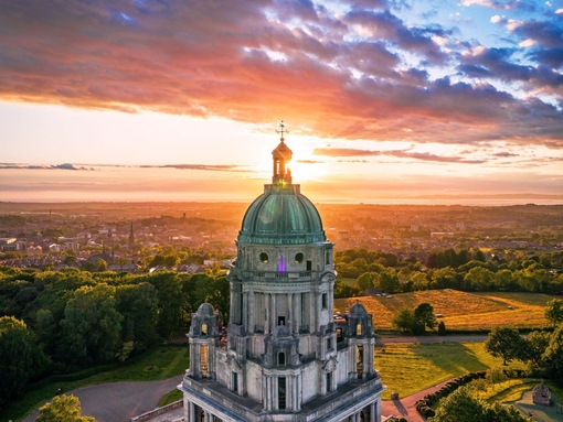 Ashton Memorial, Lancaster from the air looking out across Morecambe Bay