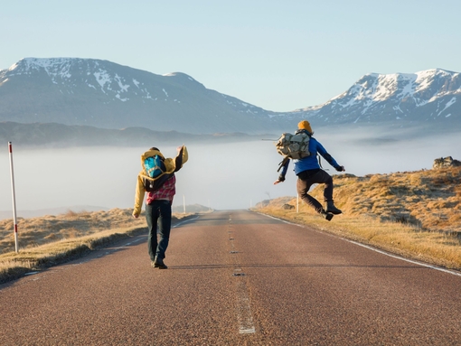 Rear view of two men jumping with joy on a country road 