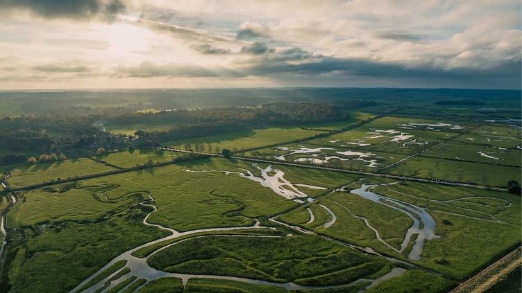 An overhead view of various canals making up part of the Broads National Park