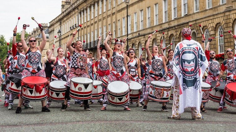 Band playing drums and singing at Bath Carnival