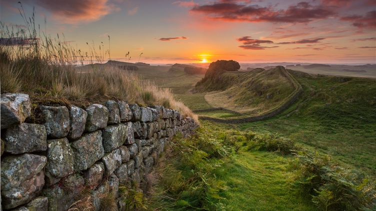 View along Hadrian's Wall at sunset