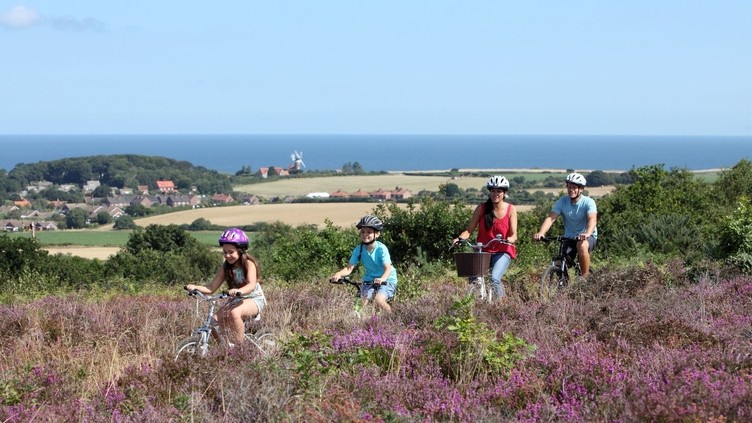 A family cycling along a path in Kelling Heath