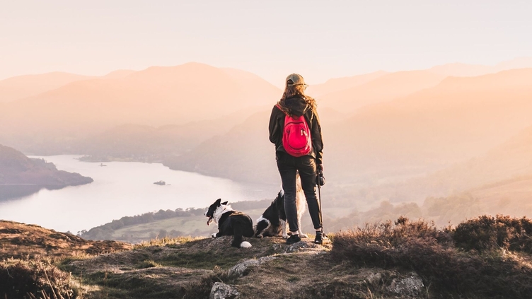 Woman with backpack and two dogs looking from hilltop down at a lake