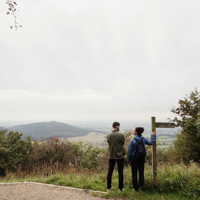 A man and woman standing by a directional sign on a forest walking path