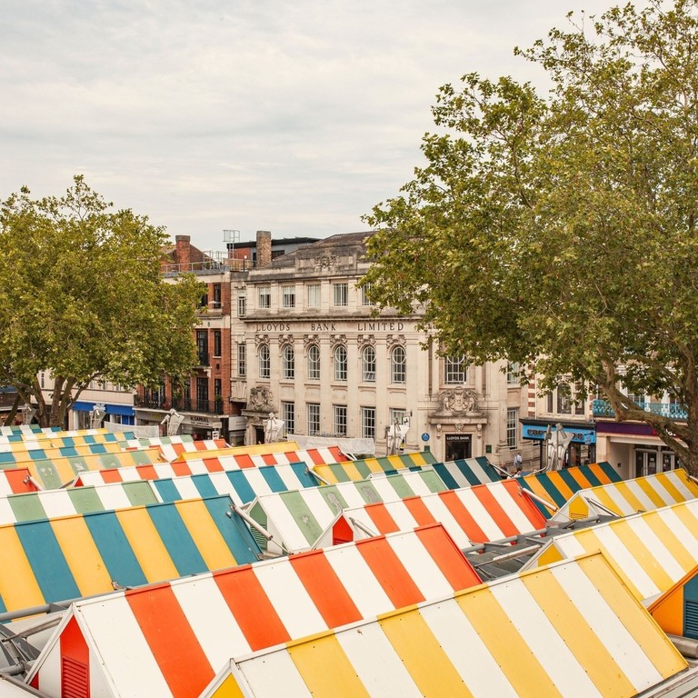 An overhead view of market stalls at Norwich Market