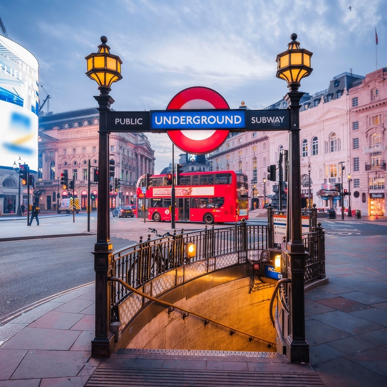 Stairs leading down to Piccadilly Circus underground station in central London