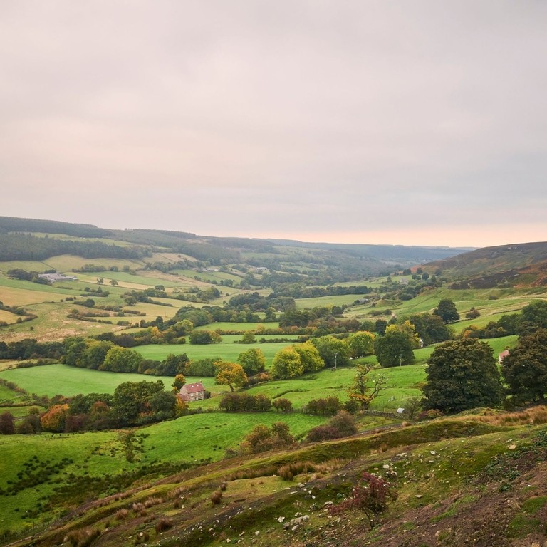 View down a grassy hill and across countryside landscape