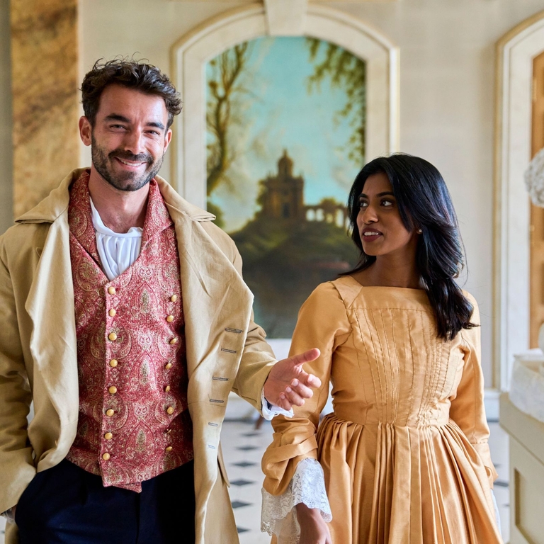 Un homme et une femme revêtus de costumes traditionnels dans un bâtiment historique