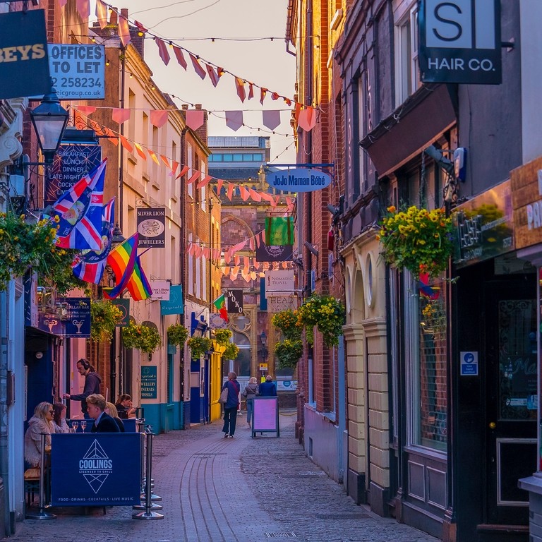 A view down a shopping street in Exeter's Castle Quarter