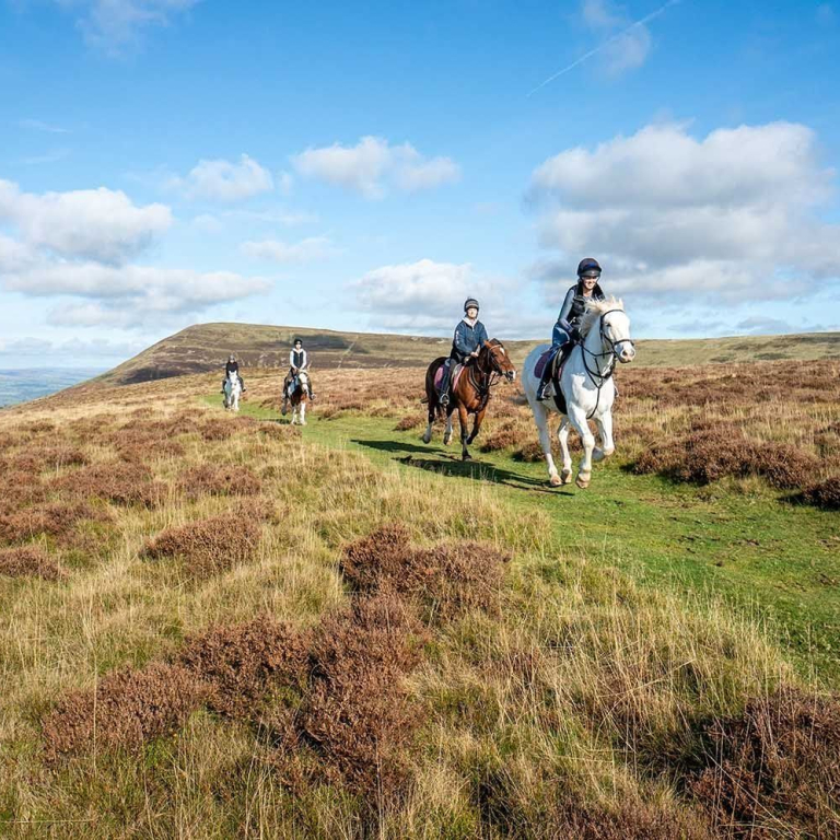 A group of horse riders on a hill overlooking farmland.