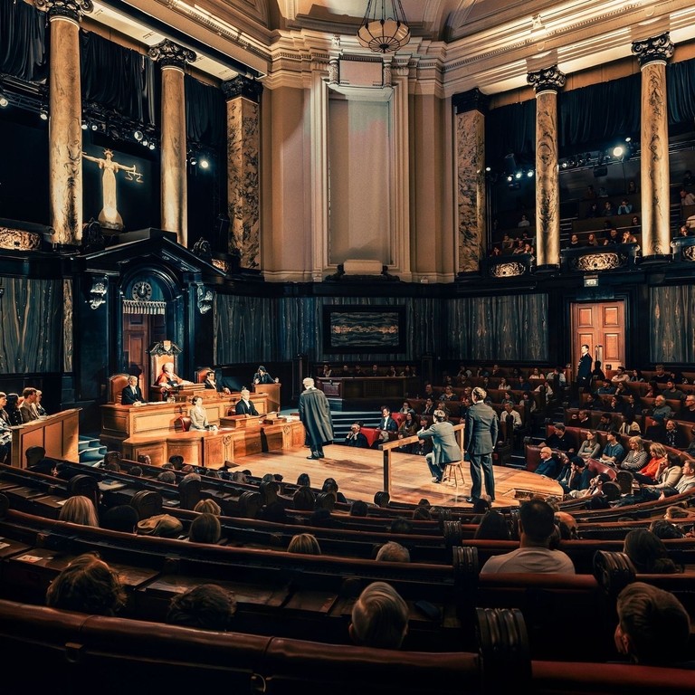 Actors in legal costume ready to perform a play in front of an audience.