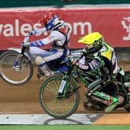 Two bikers racing on Cardiff Speedway