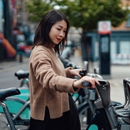 Young asian Woman Renting Bicycle From Bike Share Service