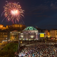 Fireworks from the Royal Edinburgh Military Tattoo shortly before Five Telegrams. The Opening event of the 2018 Edinburgh International Festival projected onto the Usher Hall.