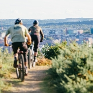People riding bikes on the inner city mountain bike trails at Parkwood Springs, Sheffield