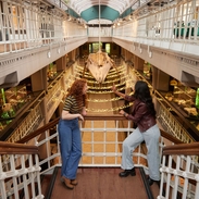 Two women talking, laughing visiting the prehistoric exhibition in a large museum.